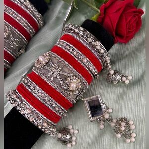 Beautiful Red and Silver Bangle Set with Pearl Accents
